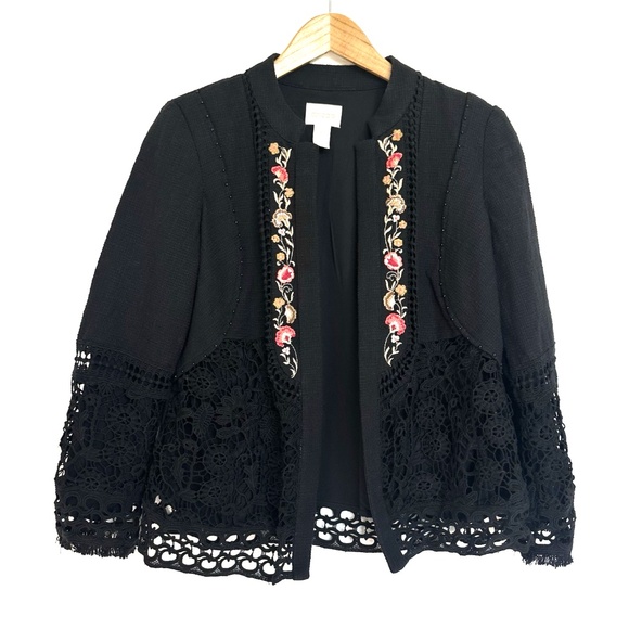 Vintage Chicos Floral Embroidered Crochet Lace Black Jacket ~Petite Medium~ Boho - Picture 1 of 14